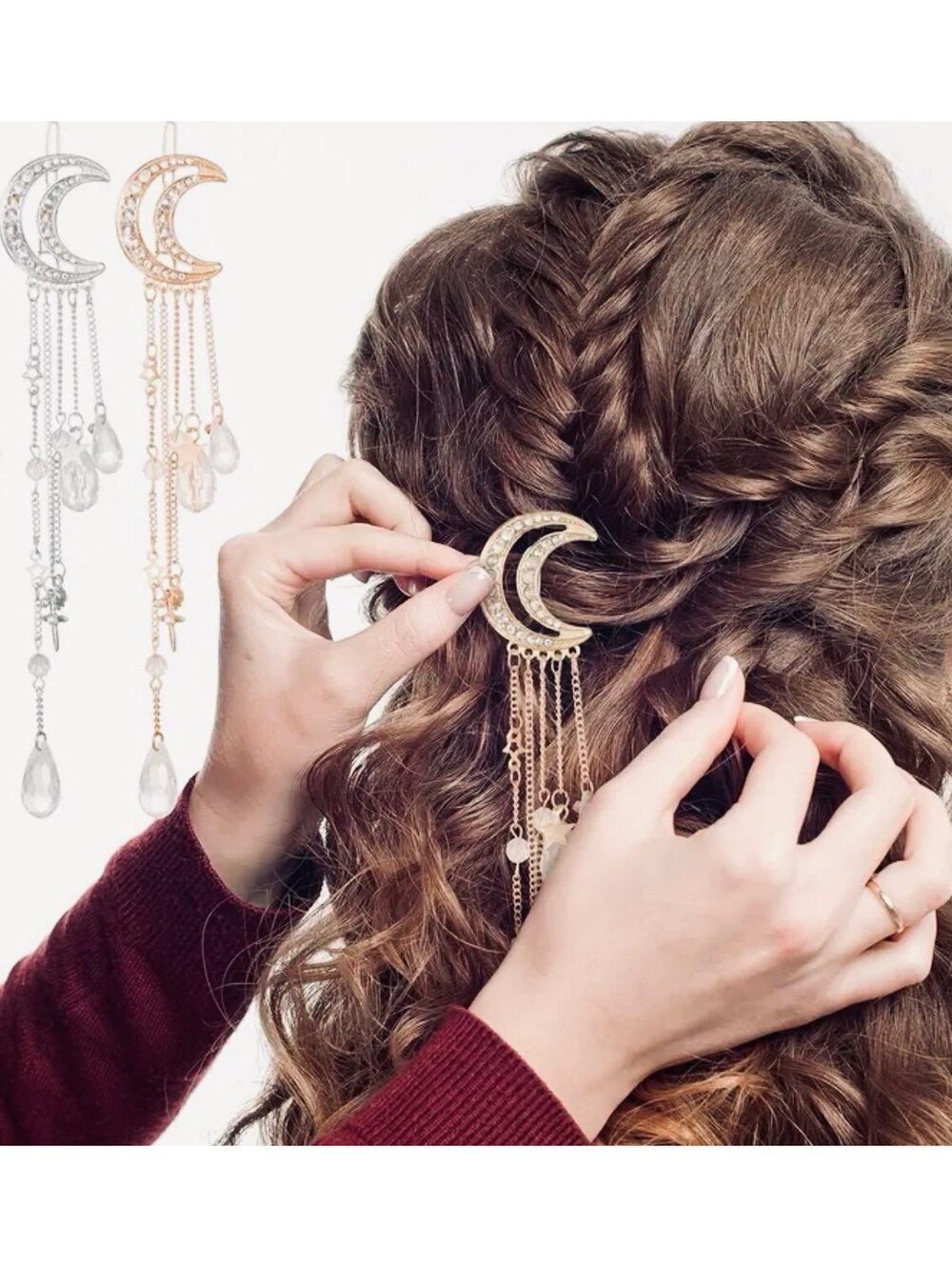 New - 2Pcs. Vintage -Sparkling Moon Rhinestone Hair Clip Set -Silver /Rose Gold